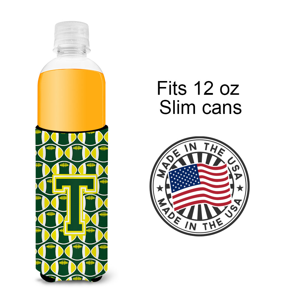 Letter T Football Green and Yellow Ultra Beverage Insulators for slim cans CJ1075-TMUK.