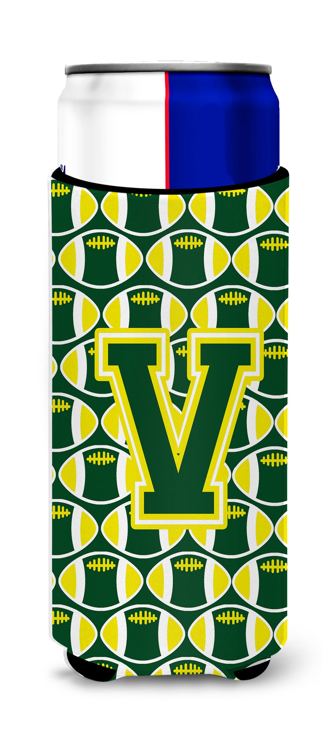 Letter V Football Green and Yellow Ultra Beverage Insulators for slim cans CJ1075-VMUK.