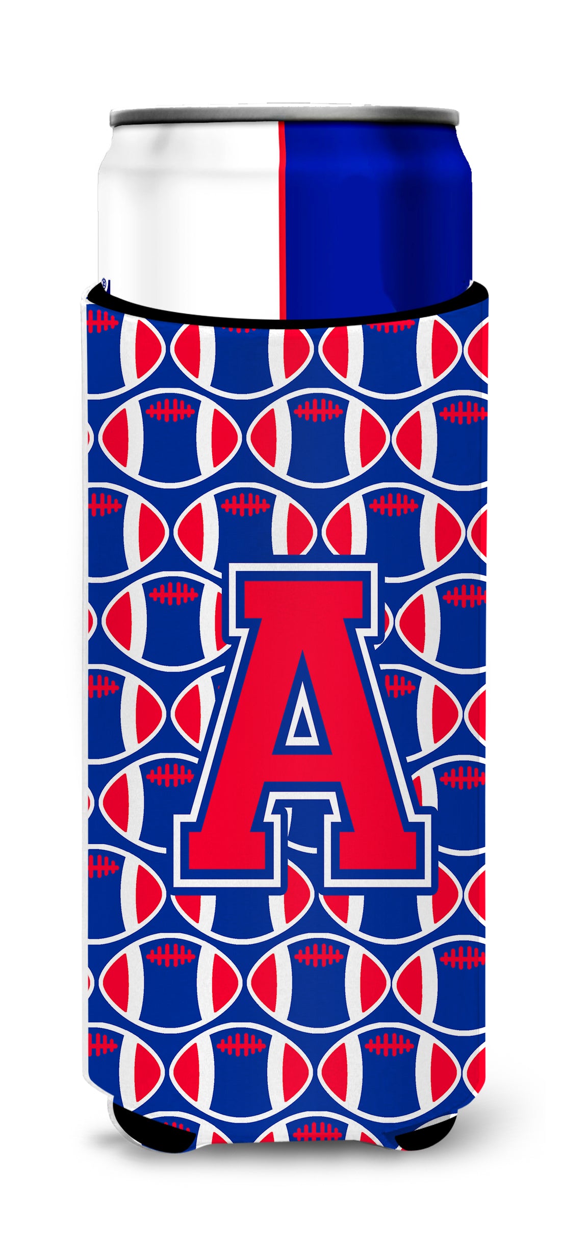 Letter A Football Crimson and Yale Blue Ultra Beverage Insulators for slim cans CJ1076-AMUK.