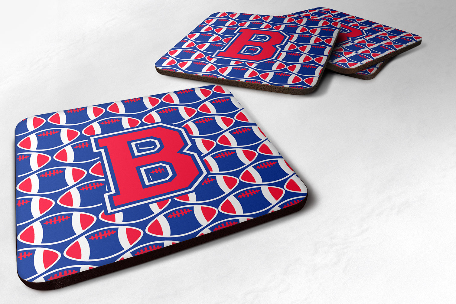 Letter B Football Harvard Crimson and Yale Blue Foam Coaster Set of 4 CJ1076-BFC - the-store.com