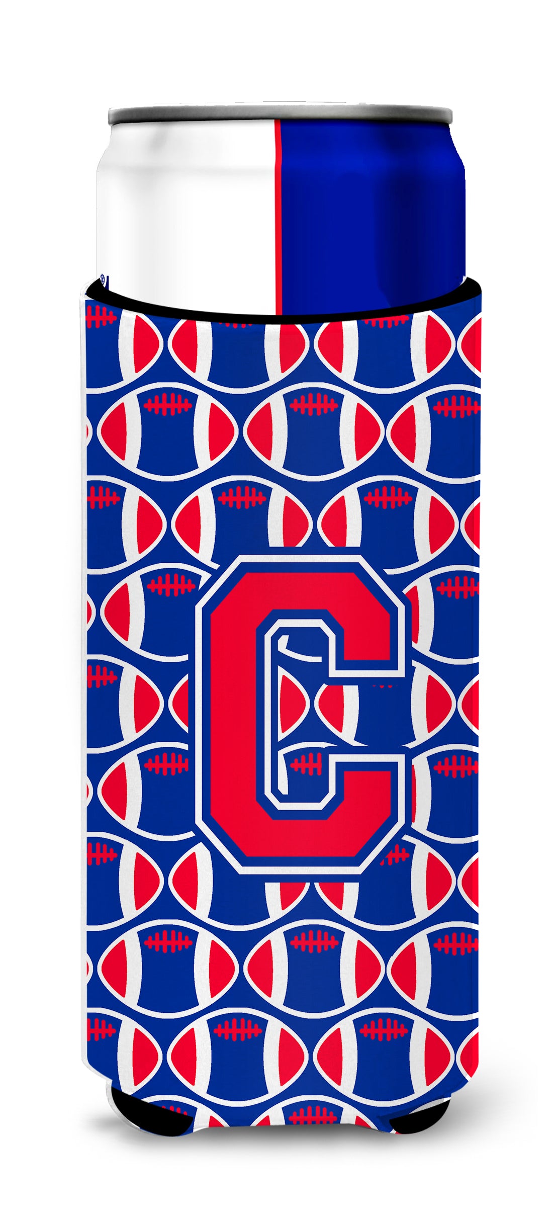 Letter C Football Crimson and Yale Blue Ultra Beverage Insulators for slim cans CJ1076-CMUK.