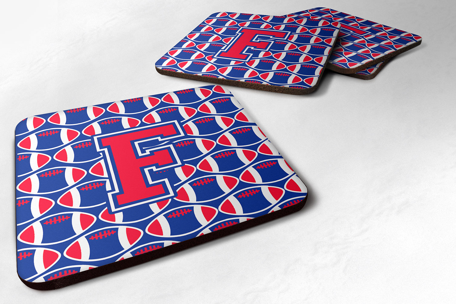 Letter F Football Harvard Crimson and Yale Blue Foam Coaster Set of 4 CJ1076-FFC - the-store.com