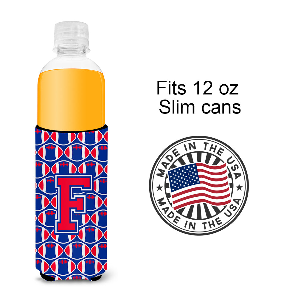 Letter F Football Crimson and Yale Blue Ultra Beverage Insulators for slim cans CJ1076-FMUK.