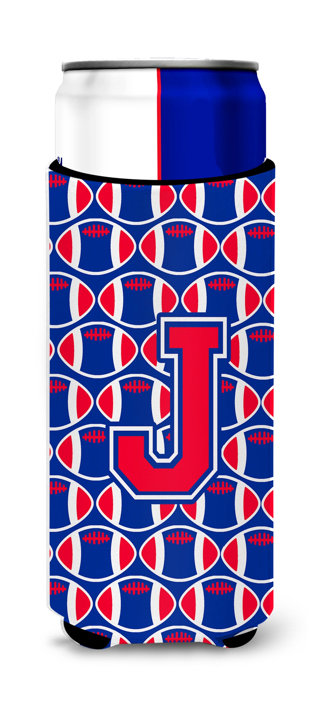 Letter J Football Crimson and Yale Blue Ultra Beverage Insulators for slim cans CJ1076-JMUK.