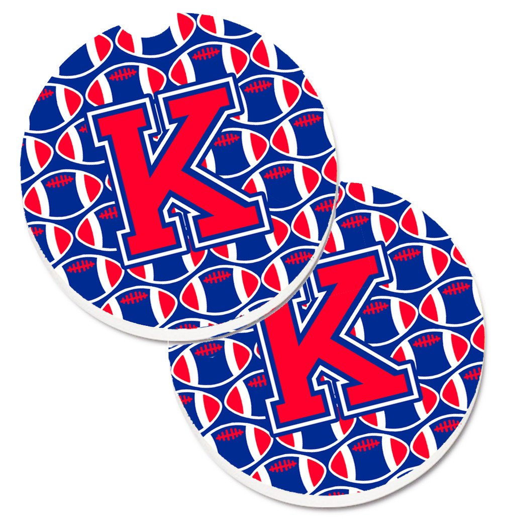 Letter K Football Harvard Crimson and Yale Blue Set of 2 Cup Holder Car Coasters CJ1076-KCARC by Caroline's Treasures