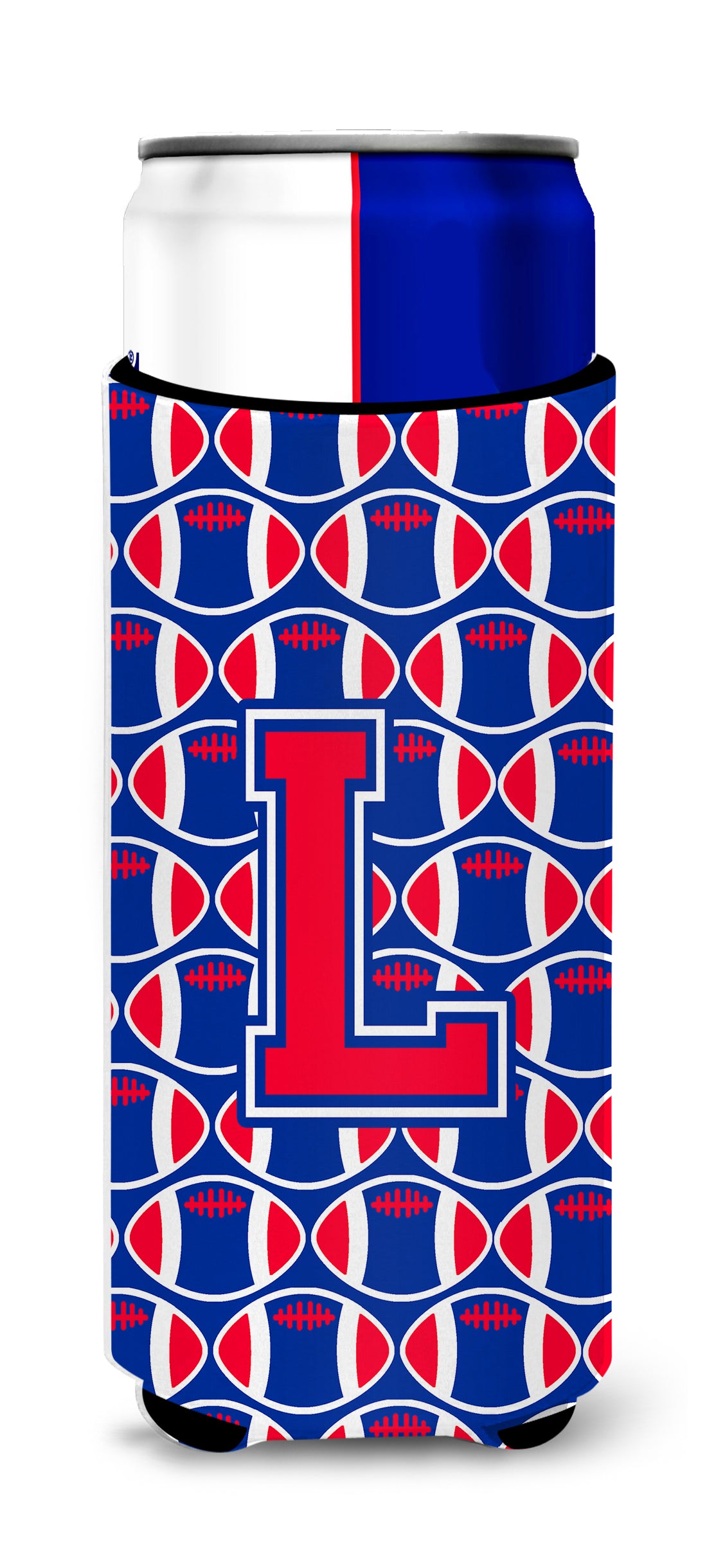 Letter L Football Crimson and Yale Blue Ultra Beverage Insulators for slim cans CJ1076-LMUK.