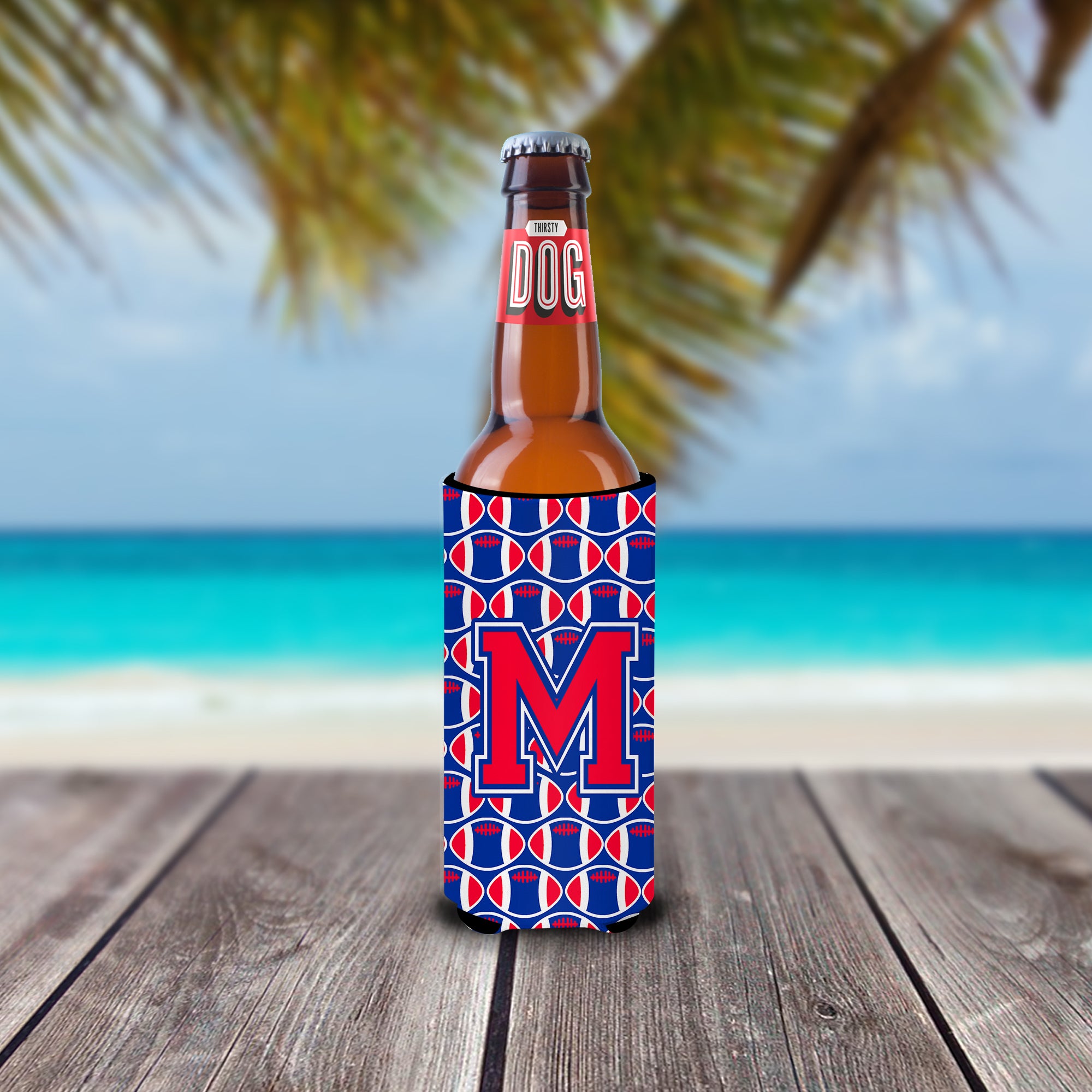 Letter M Football Crimson and Yale Blue Ultra Beverage Insulators for slim cans CJ1076-MMUK.