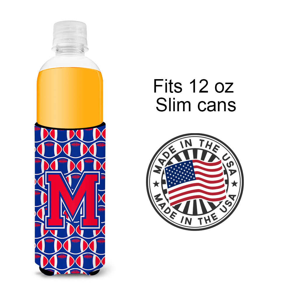 Letter M Football Crimson and Yale Blue Ultra Beverage Insulators for slim cans CJ1076-MMUK.