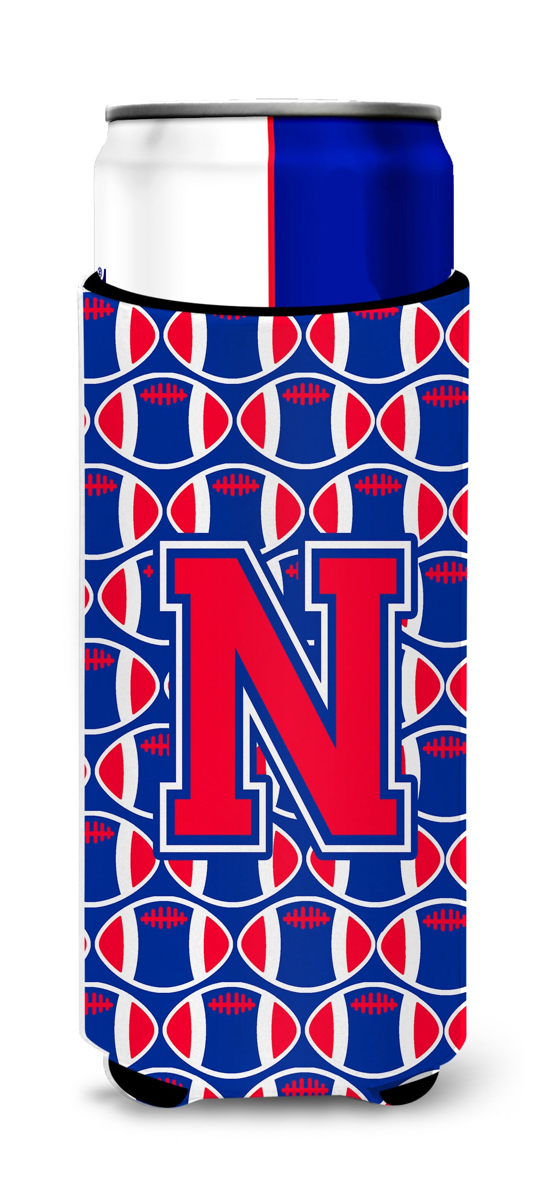 Letter N Football Crimson and Yale Blue Ultra Beverage Insulators for slim cans CJ1076-NMUK.