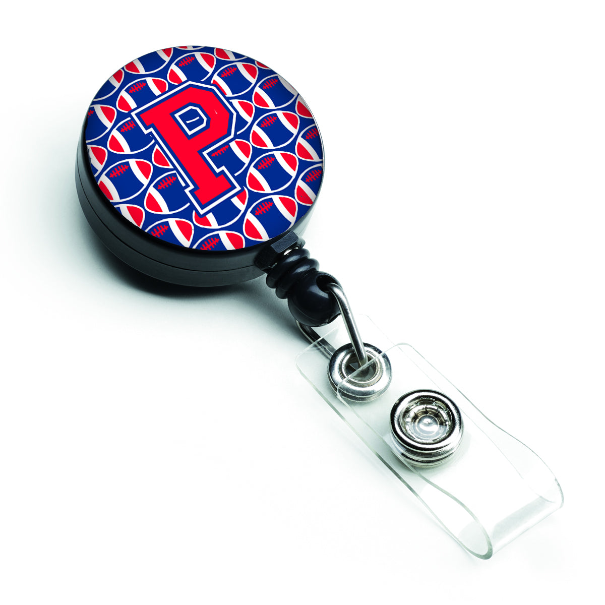 Letter P Football Harvard Crimson and Yale Blue Retractable Badge Reel CJ1076-PBR.