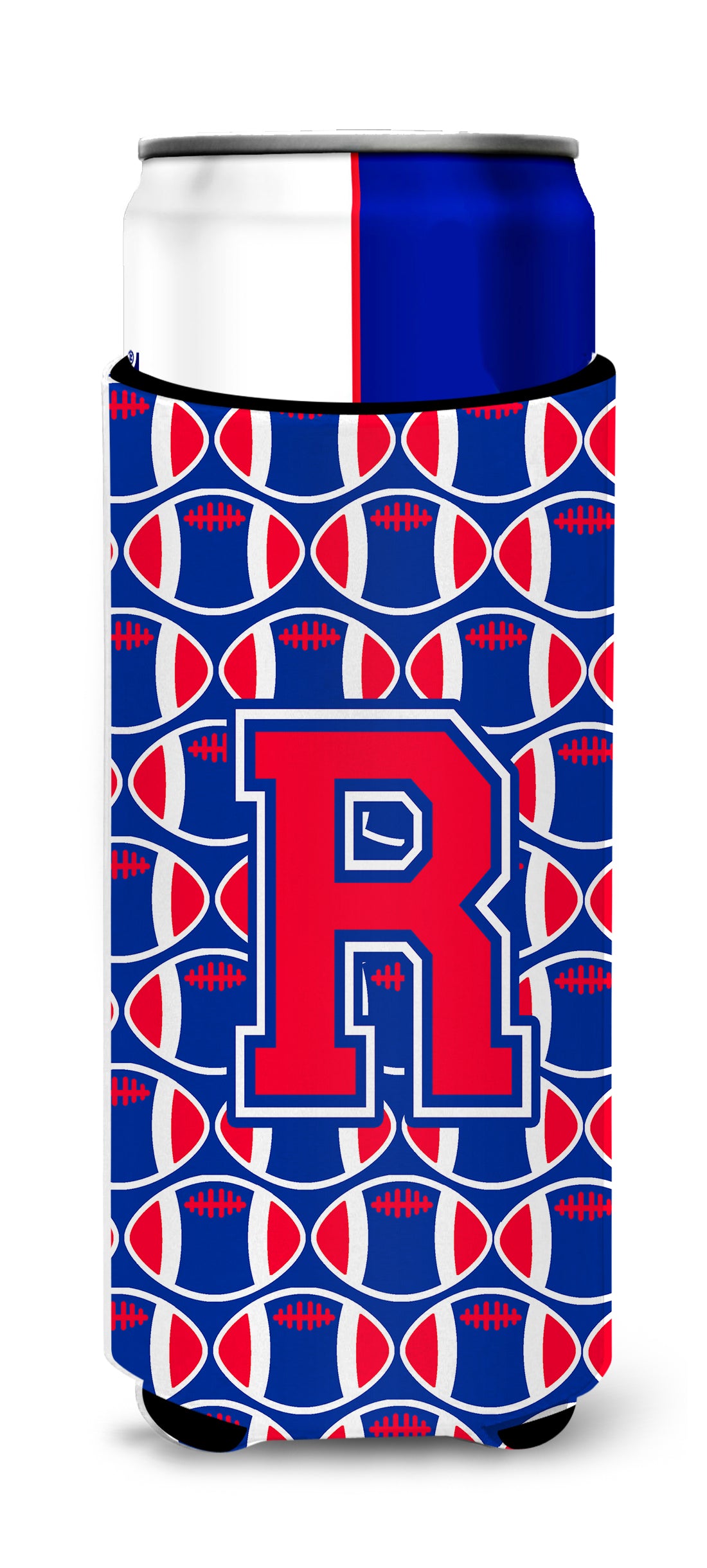 Letter R Football Crimson and Yale Blue Ultra Beverage Insulators for slim cans CJ1076-RMUK.