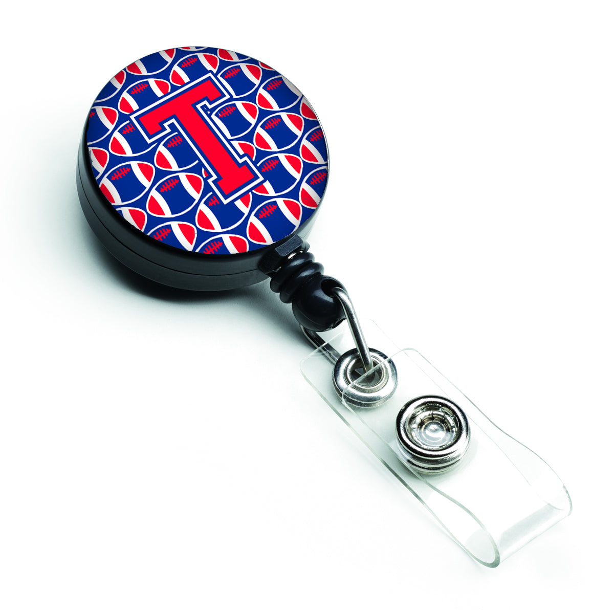 Letter T Football Harvard Crimson and Yale Blue Retractable Badge Reel CJ1076-TBR.