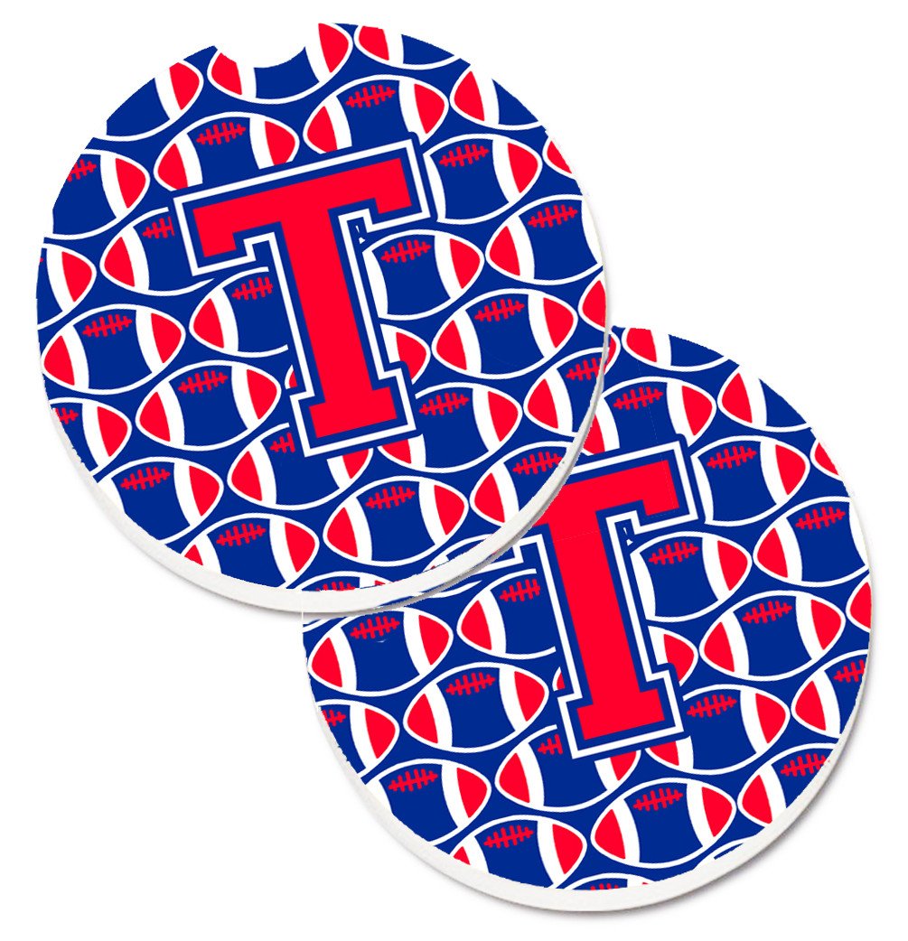 Letter T Football Harvard Crimson and Yale Blue Set of 2 Cup Holder Car Coasters CJ1076-TCARC by Caroline's Treasures