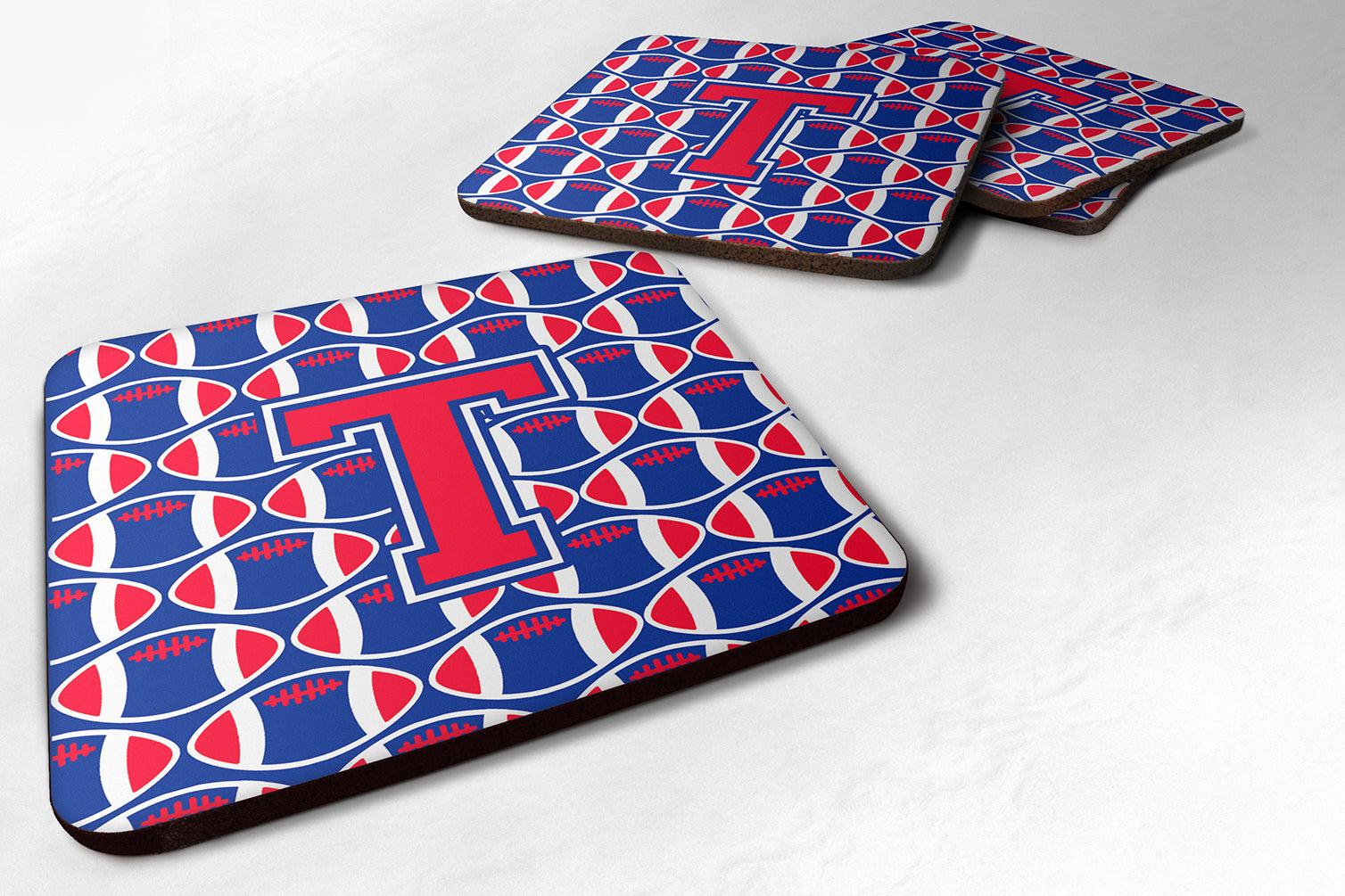 Letter T Football Harvard Crimson and Yale Blue Foam Coaster Set of 4 CJ1076-TFC - the-store.com