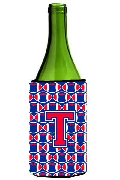 Letter T Football Crimson and Yale Blue Wine Bottle Beverage Insulator Hugger CJ1076-TLITERK by Caroline's Treasures