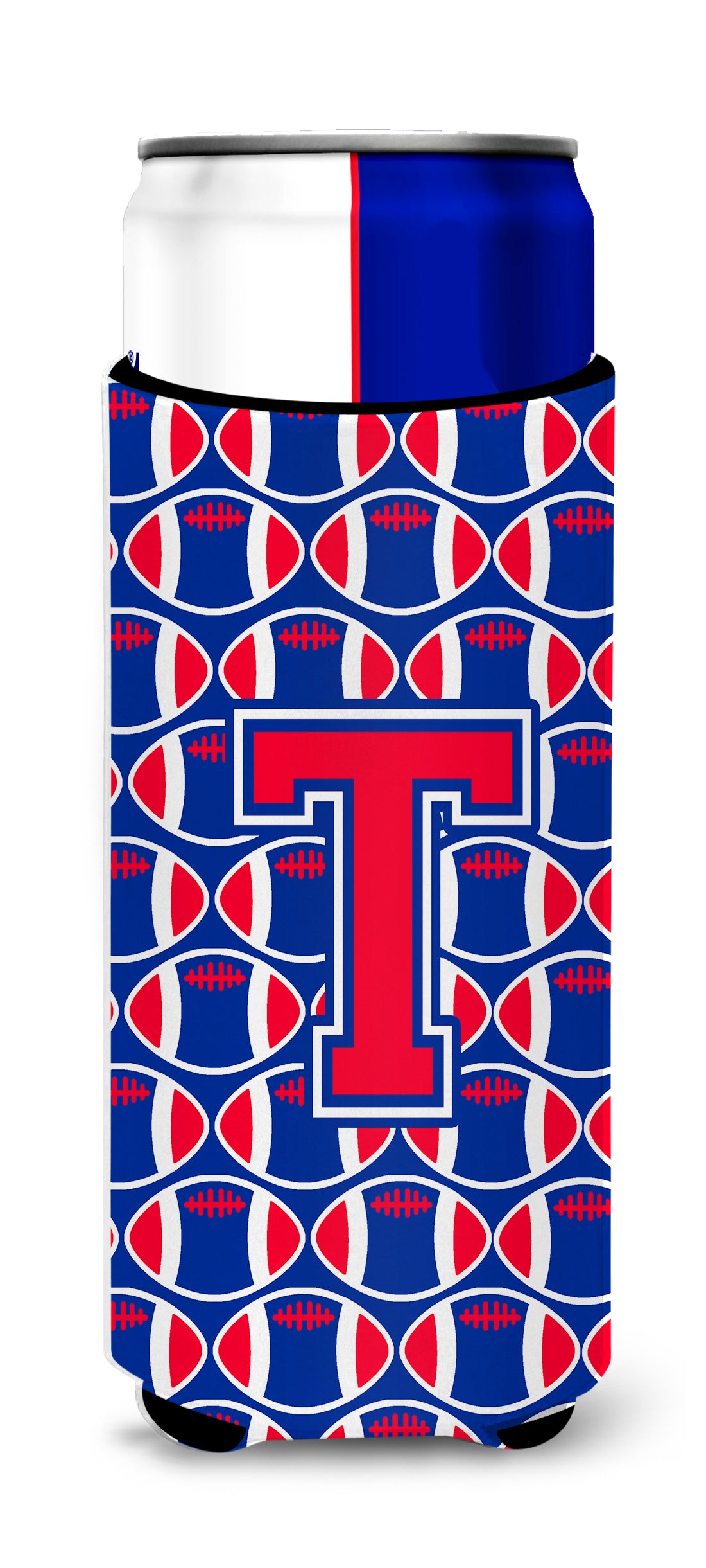 Letter T Football Crimson and Yale Blue Ultra Beverage Insulators for slim cans CJ1076-TMUK.