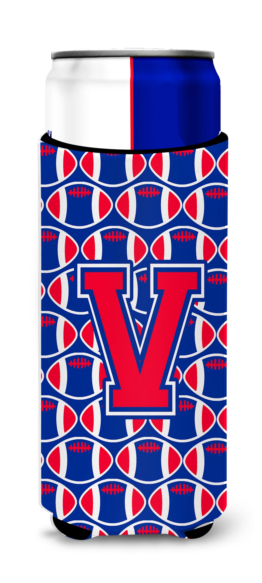 Letter V Football Crimson and Yale Blue Ultra Beverage Insulators for slim cans CJ1076-VMUK.