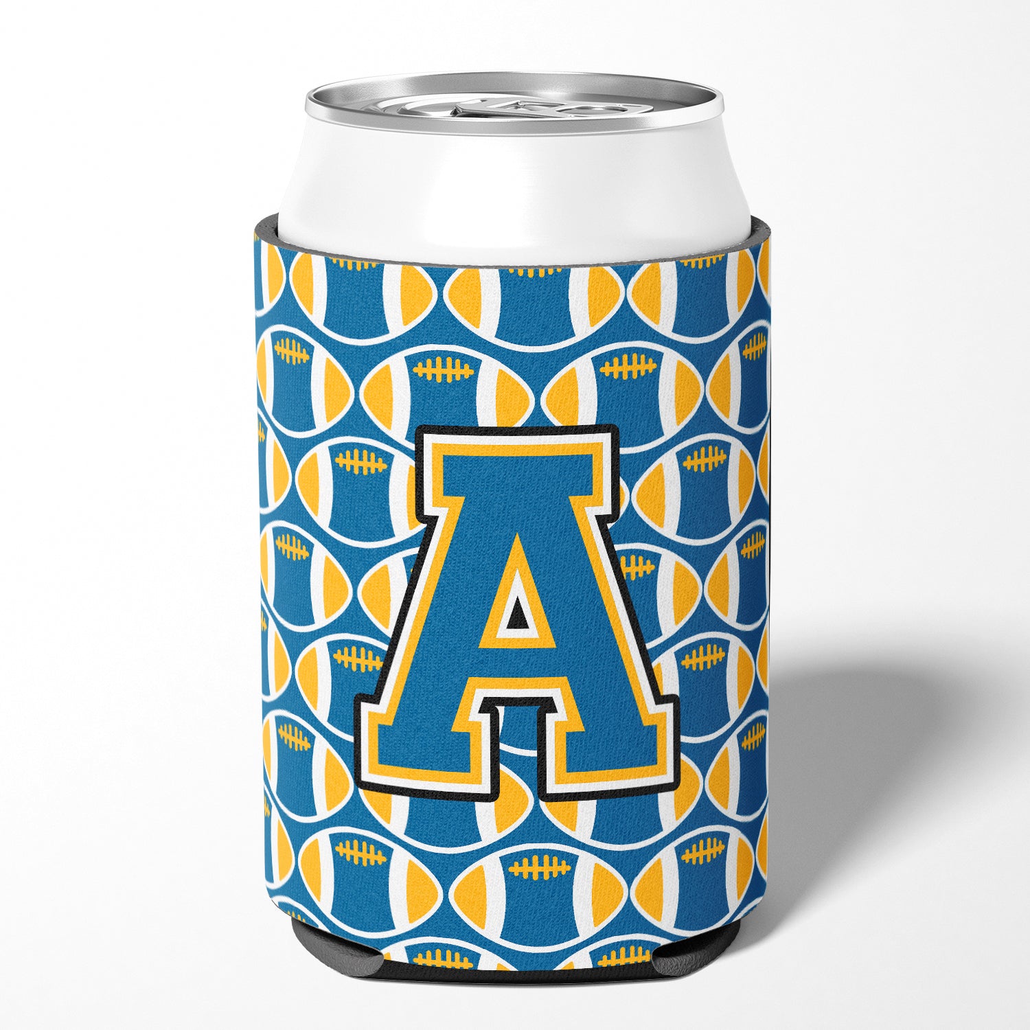 Letter A Football Blue and Gold Can or Bottle Hugger CJ1077-ACC.