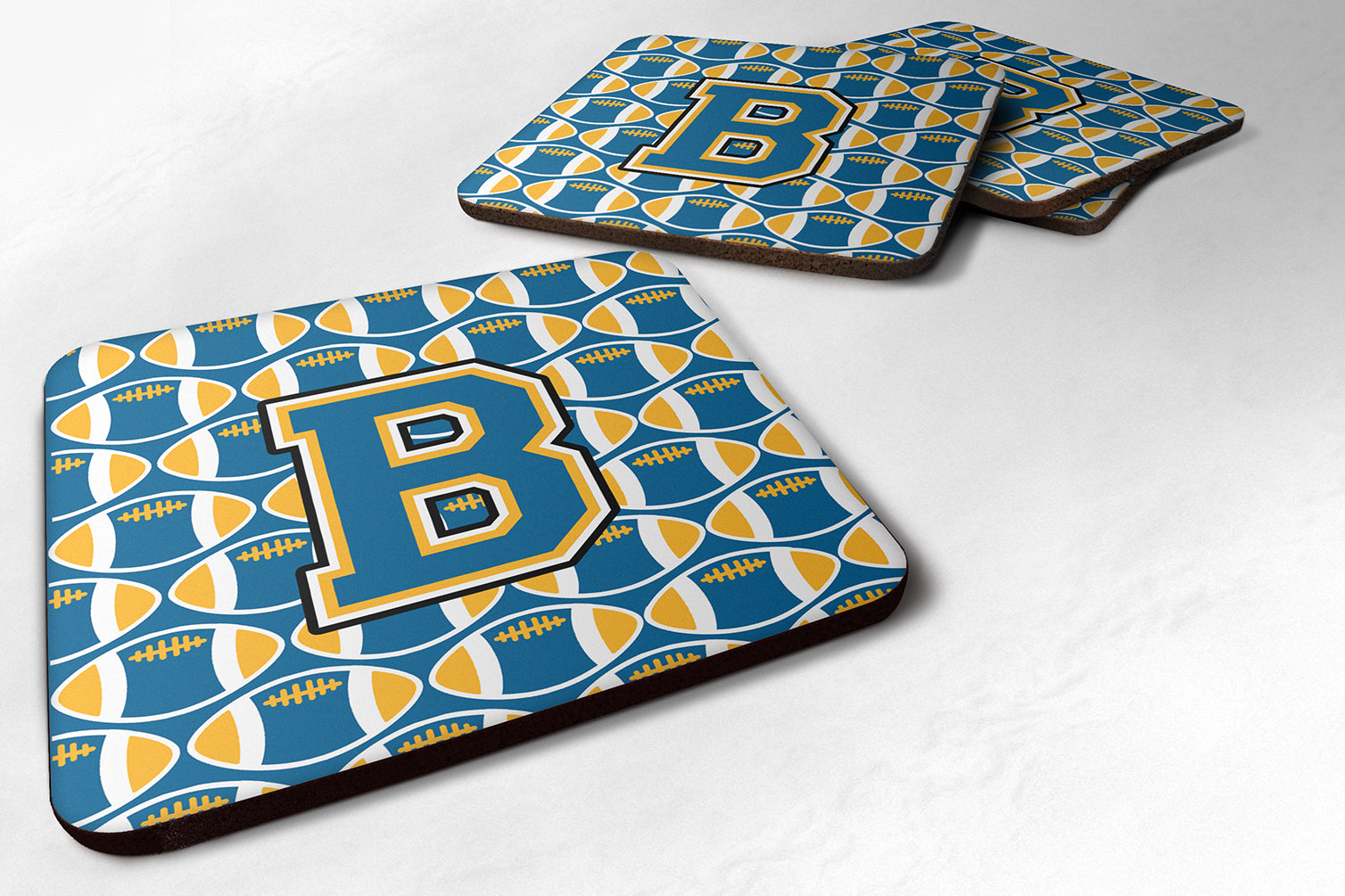 Letter B Football Blue and Gold Foam Coaster Set of 4 CJ1077-BFC - the-store.com