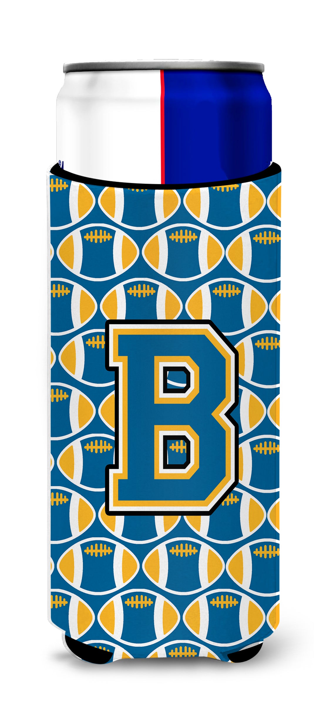 Letter B Football Blue and Gold Ultra Beverage Insulators for slim cans CJ1077-BMUK.