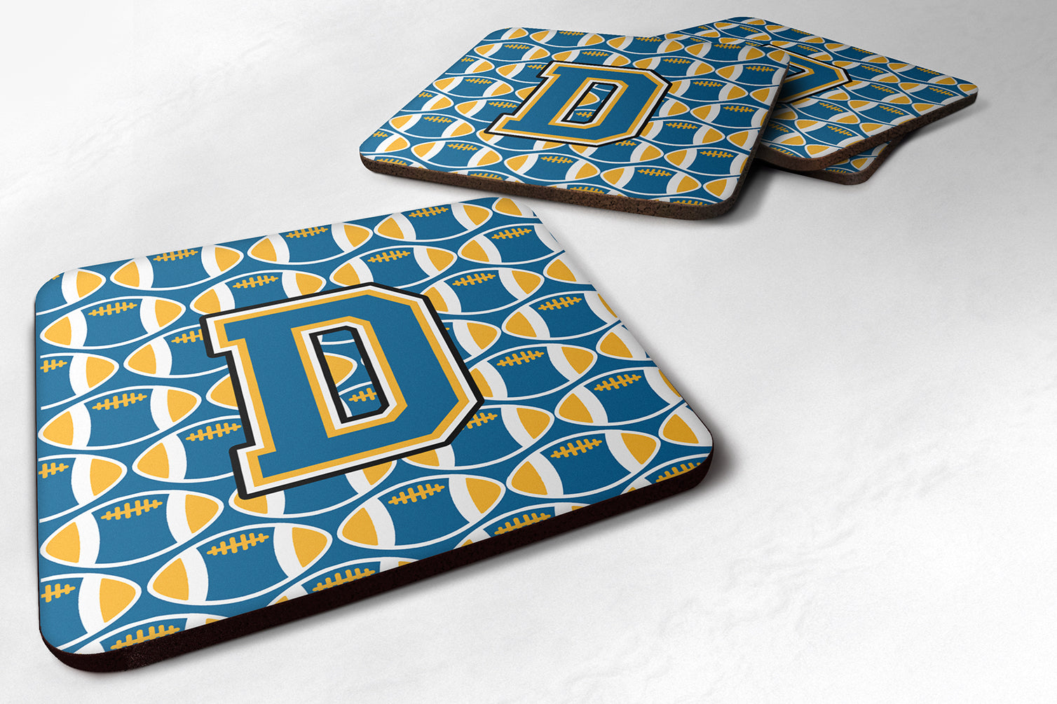 Letter D Football Blue and Gold Foam Coaster Set of 4 CJ1077-DFC - the-store.com