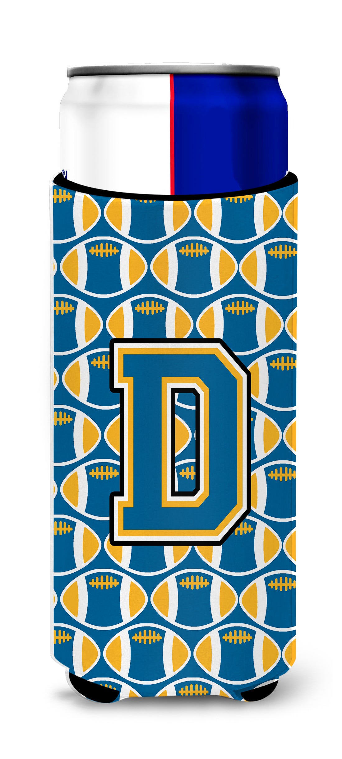 Letter D Football Blue and Gold Ultra Beverage Insulators for slim cans CJ1077-DMUK.