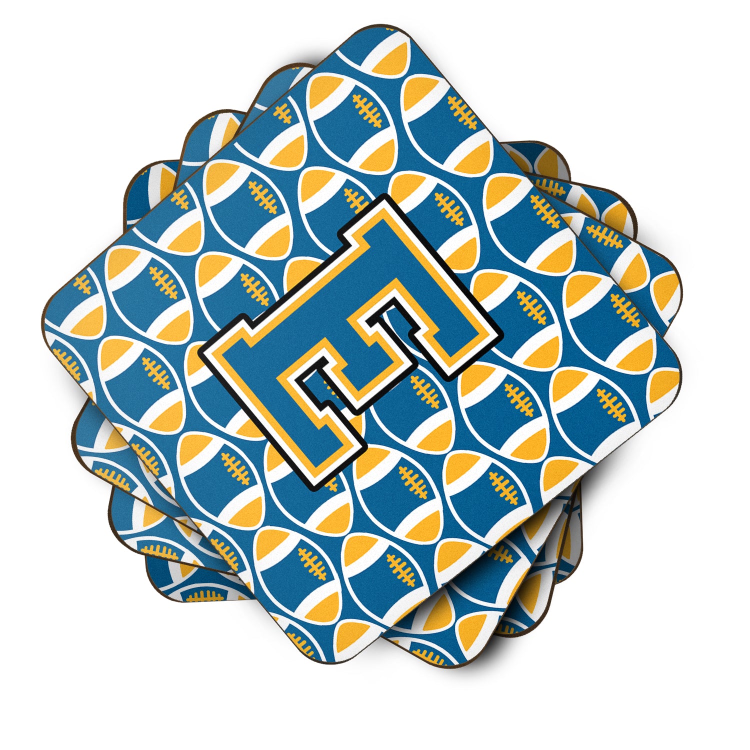 Letter E Football Blue and Gold Foam Coaster Set of 4 CJ1077-EFC - the-store.com