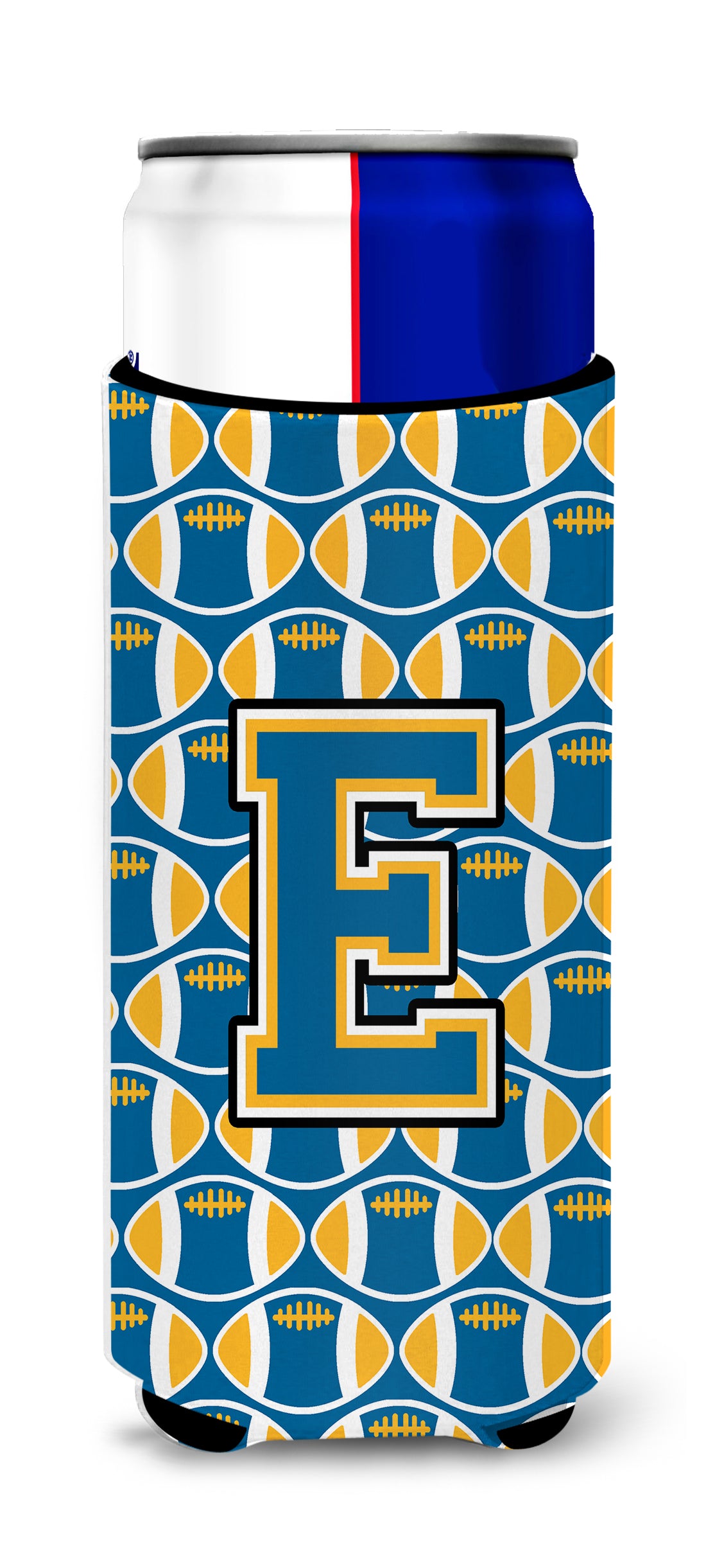 Letter E Football Blue and Gold Ultra Beverage Insulators for slim cans CJ1077-EMUK.