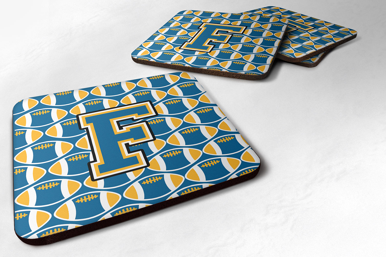 Letter F Football Blue and Gold Foam Coaster Set of 4 CJ1077-FFC - the-store.com