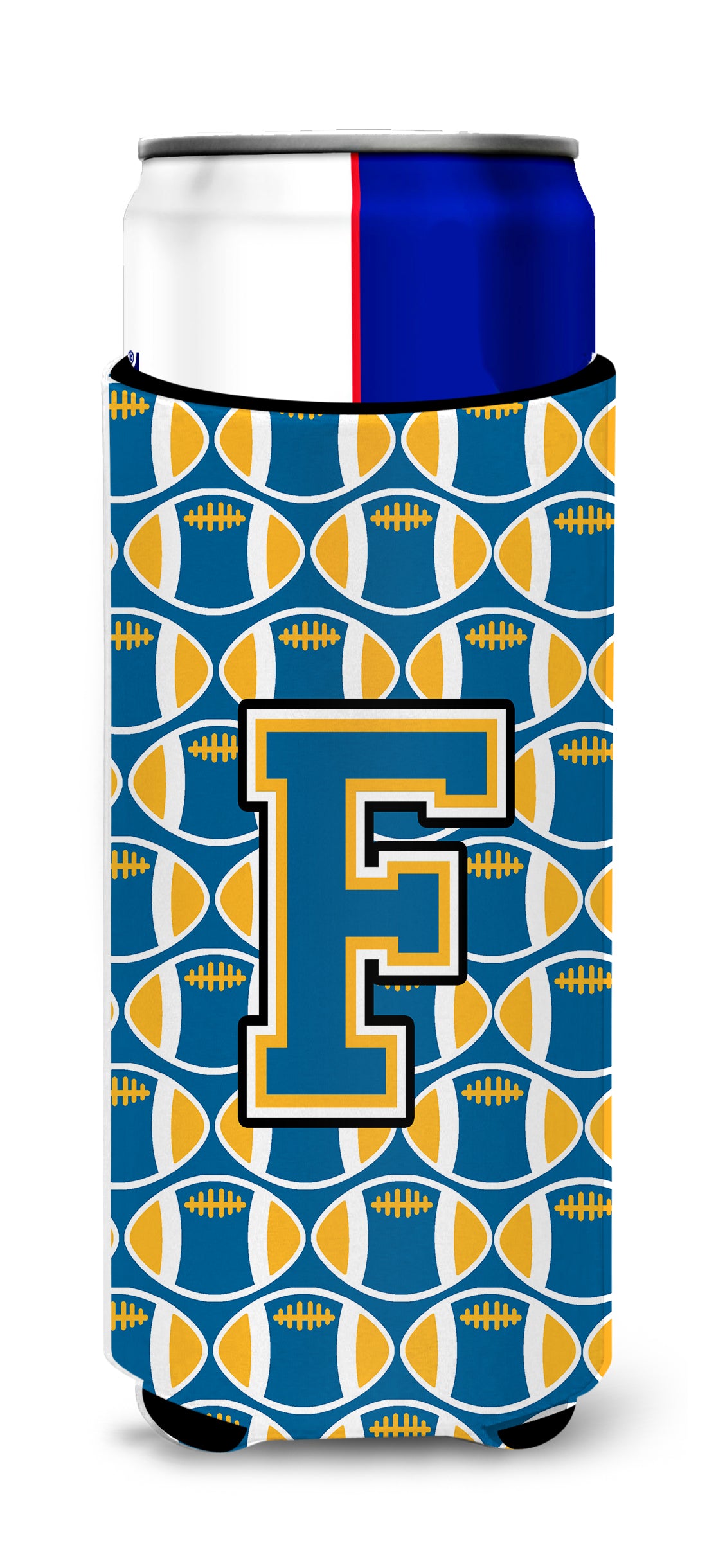 Letter F Football Blue and Gold Ultra Beverage Insulators for slim cans CJ1077-FMUK.