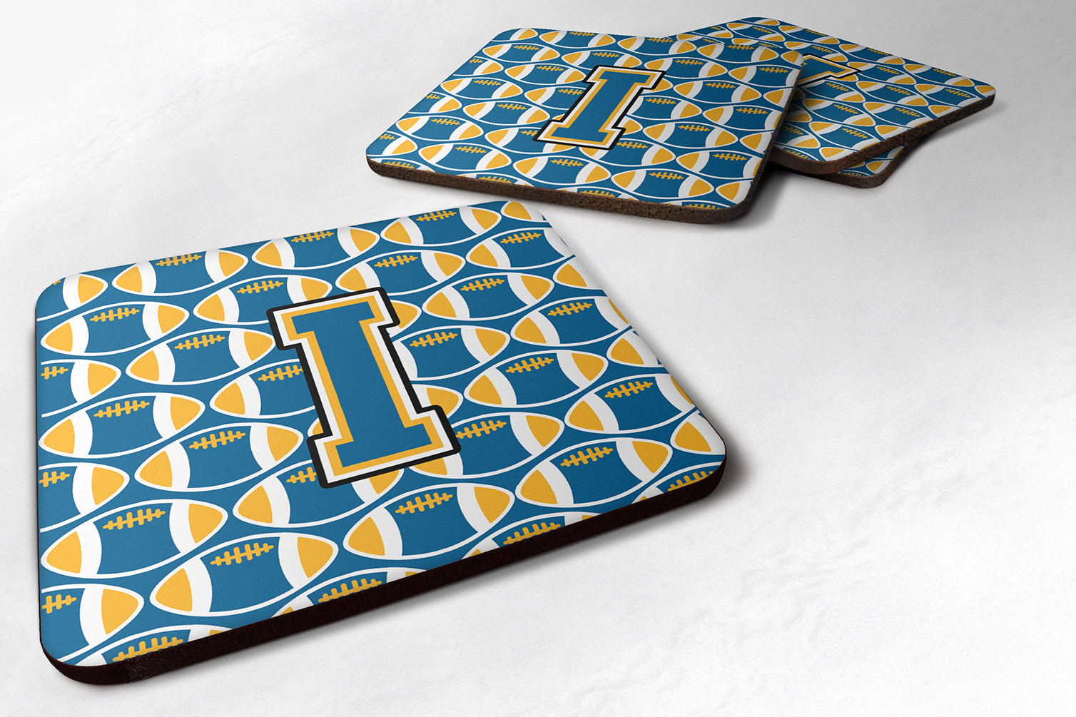 Letter I Football Blue and Gold Foam Coaster Set of 4 CJ1077-IFC - the-store.com