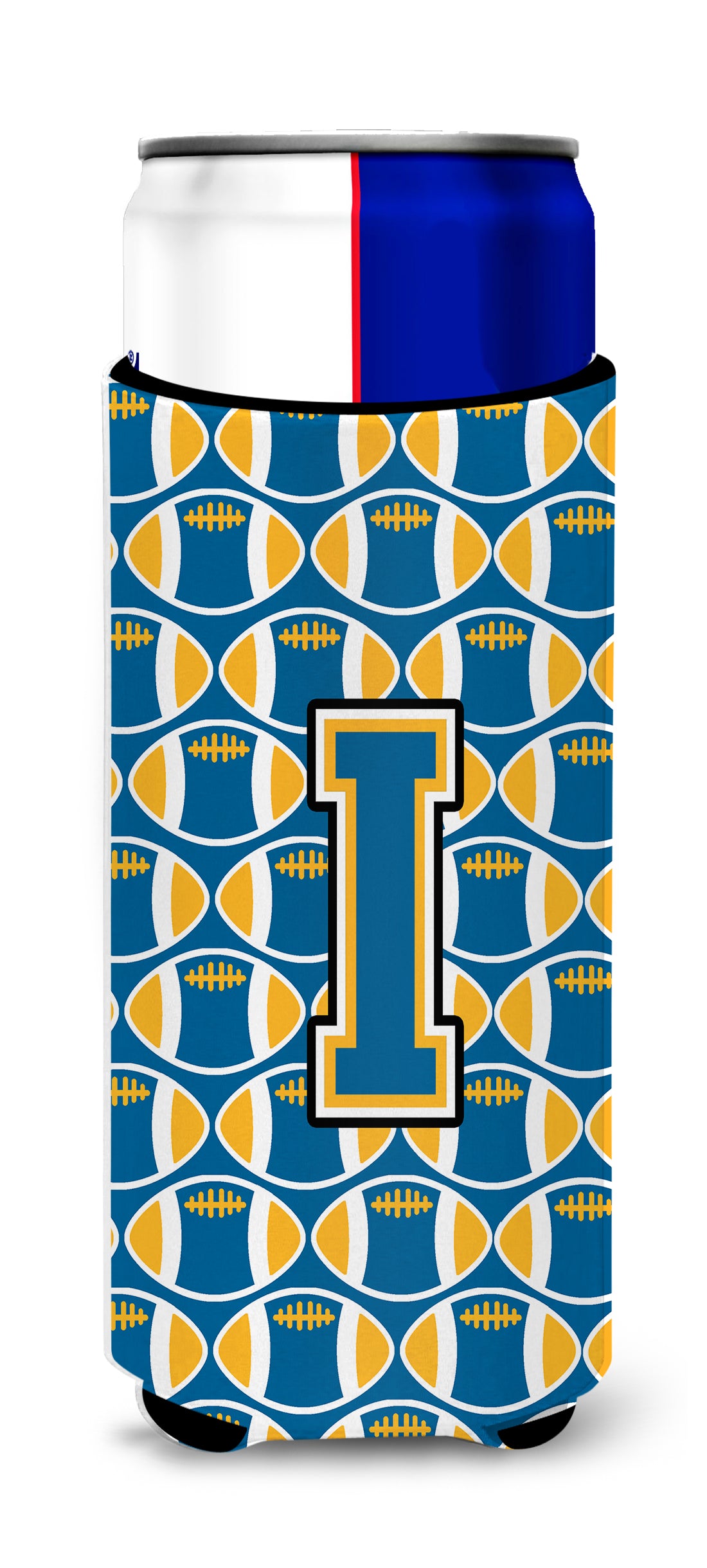 Letter I Football Blue and Gold Ultra Beverage Insulators for slim cans CJ1077-IMUK.