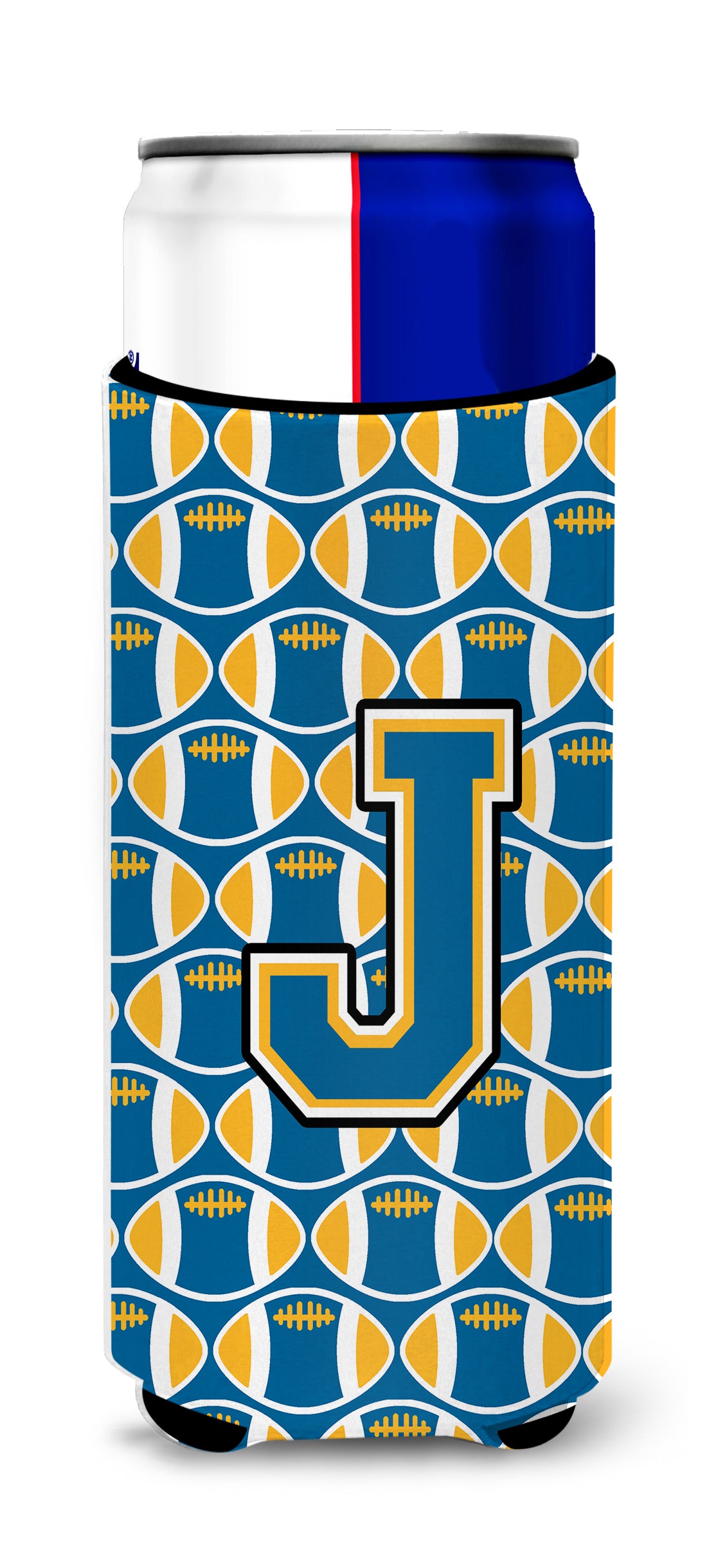 Letter J Football Blue and Gold Ultra Beverage Insulators for slim cans CJ1077-JMUK.