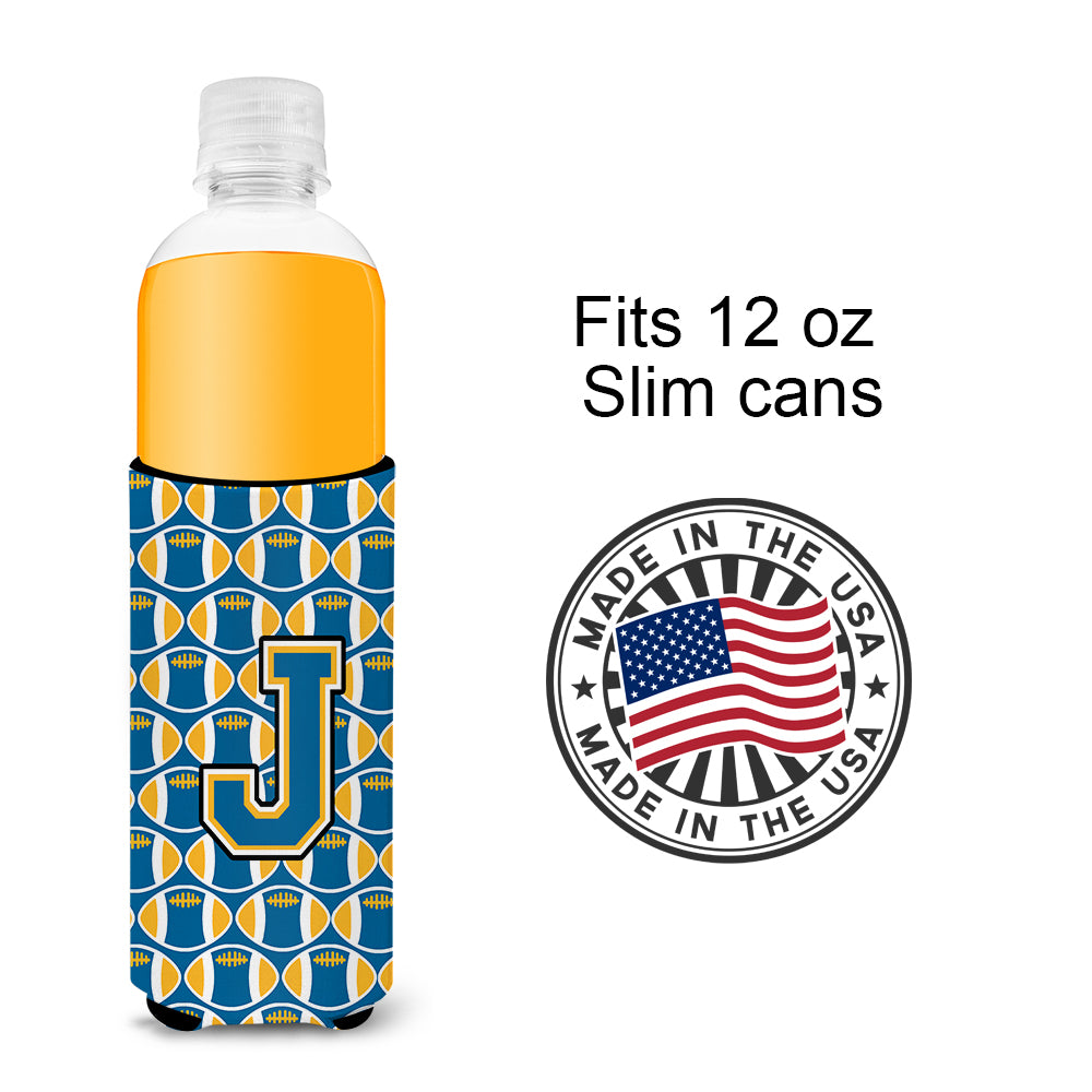 Letter J Football Blue and Gold Ultra Beverage Insulators for slim cans CJ1077-JMUK.