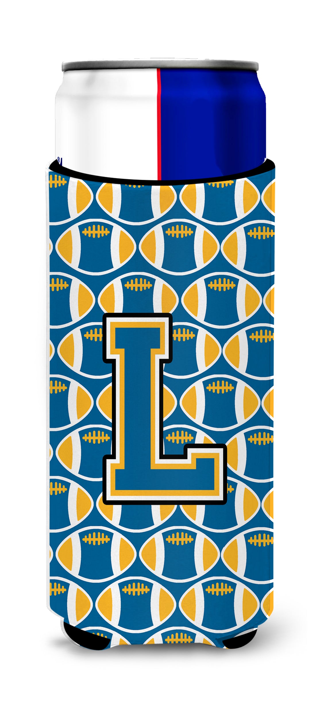 Letter L Football Blue and Gold Ultra Beverage Insulators for slim cans CJ1077-LMUK.