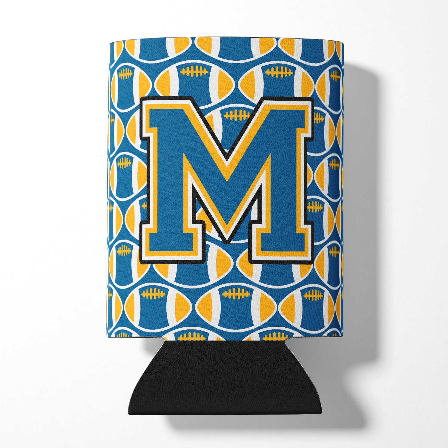 Letter M Football Blue and Gold Can or Bottle Hugger CJ1077-MCC.