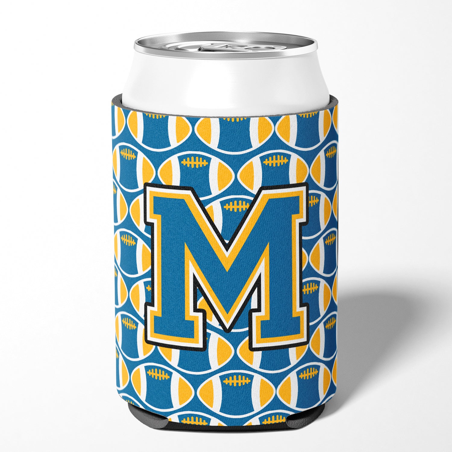 Letter M Football Blue and Gold Can or Bottle Hugger CJ1077-MCC.