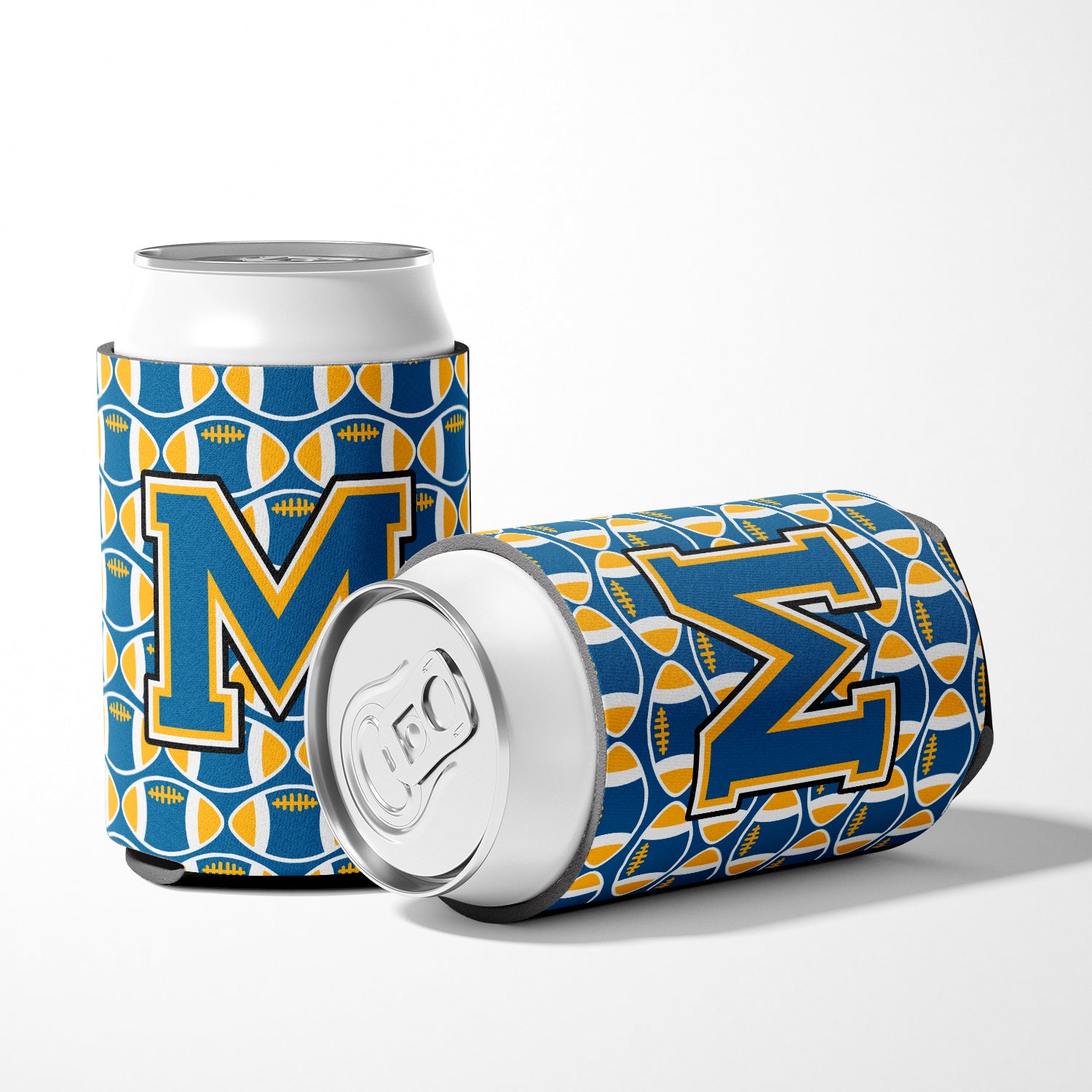 Letter M Football Blue and Gold Can or Bottle Hugger CJ1077-MCC.