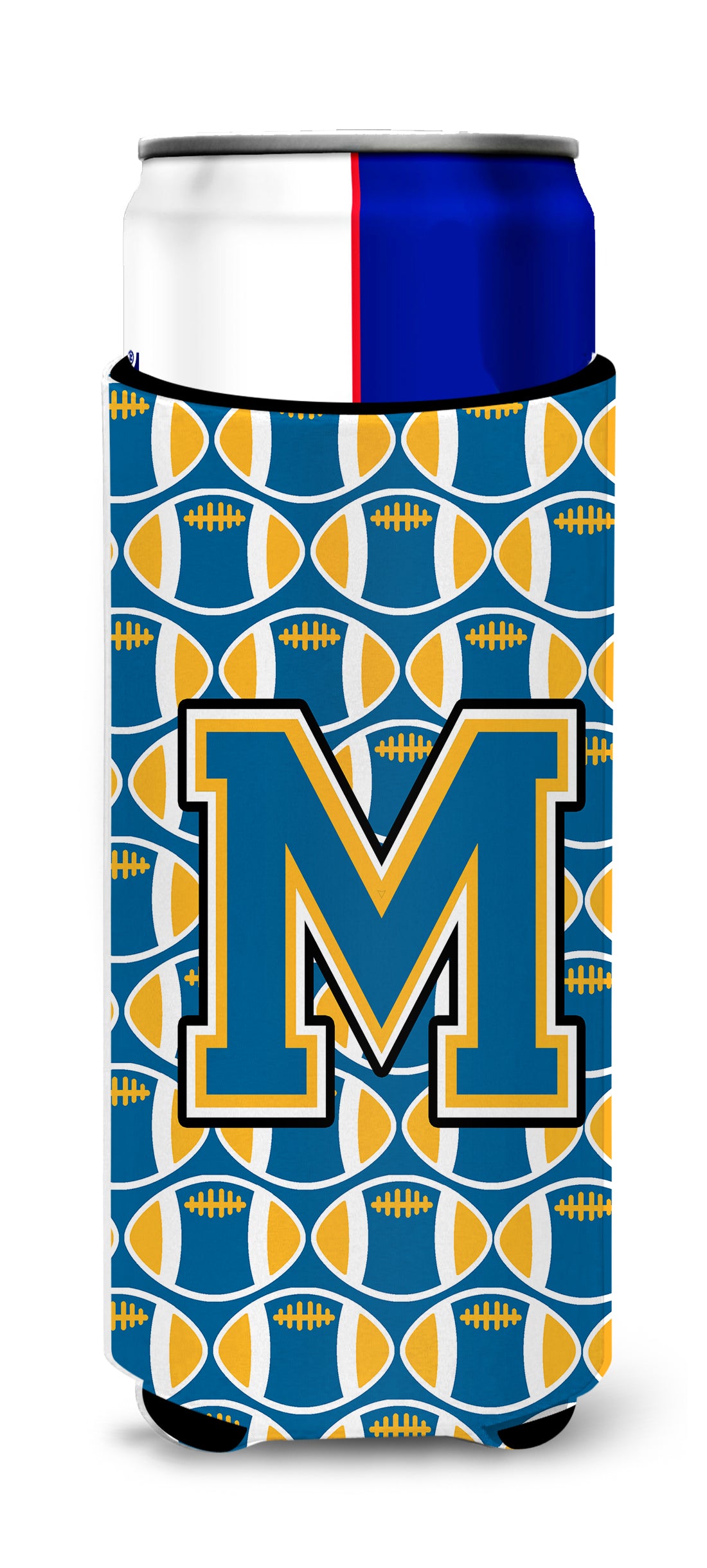 Letter M Football Blue and Gold Ultra Beverage Insulators for slim cans CJ1077-MMUK.