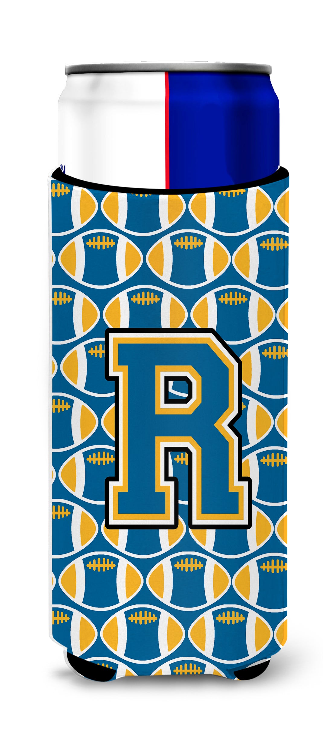 Letter R Football Blue and Gold Ultra Beverage Insulators for slim cans CJ1077-RMUK.