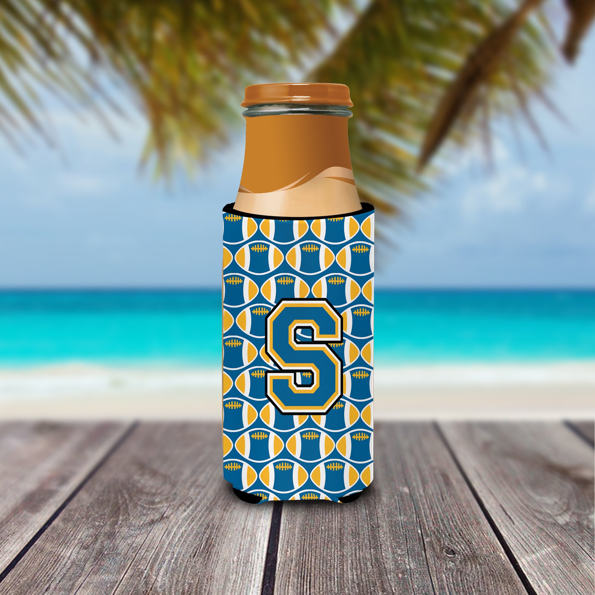 Letter S Football Blue and Gold Ultra Beverage Insulators for slim cans CJ1077-SMUK.