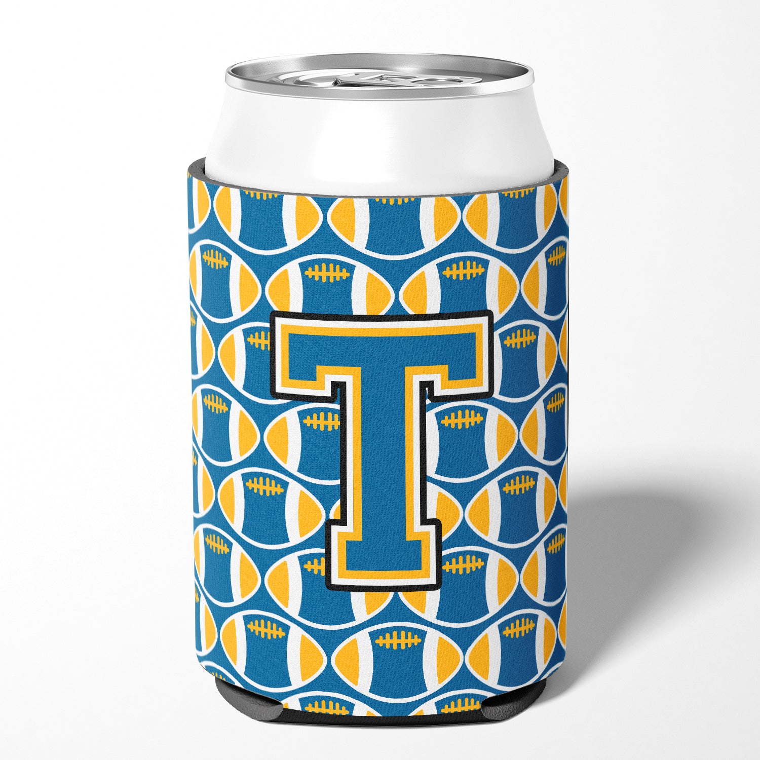 Letter T Football Blue and Gold Can or Bottle Hugger CJ1077-TCC.