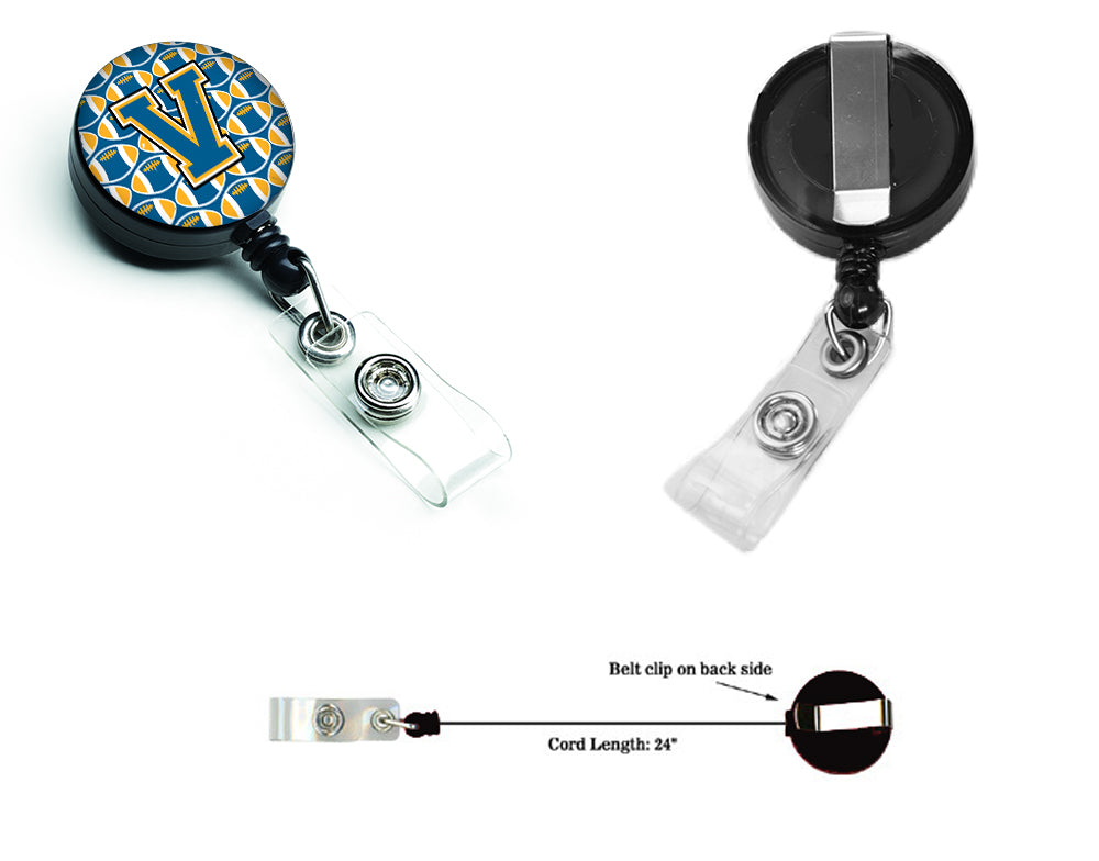 Letter V Football Blue and Gold Retractable Badge Reel CJ1077-VBR.