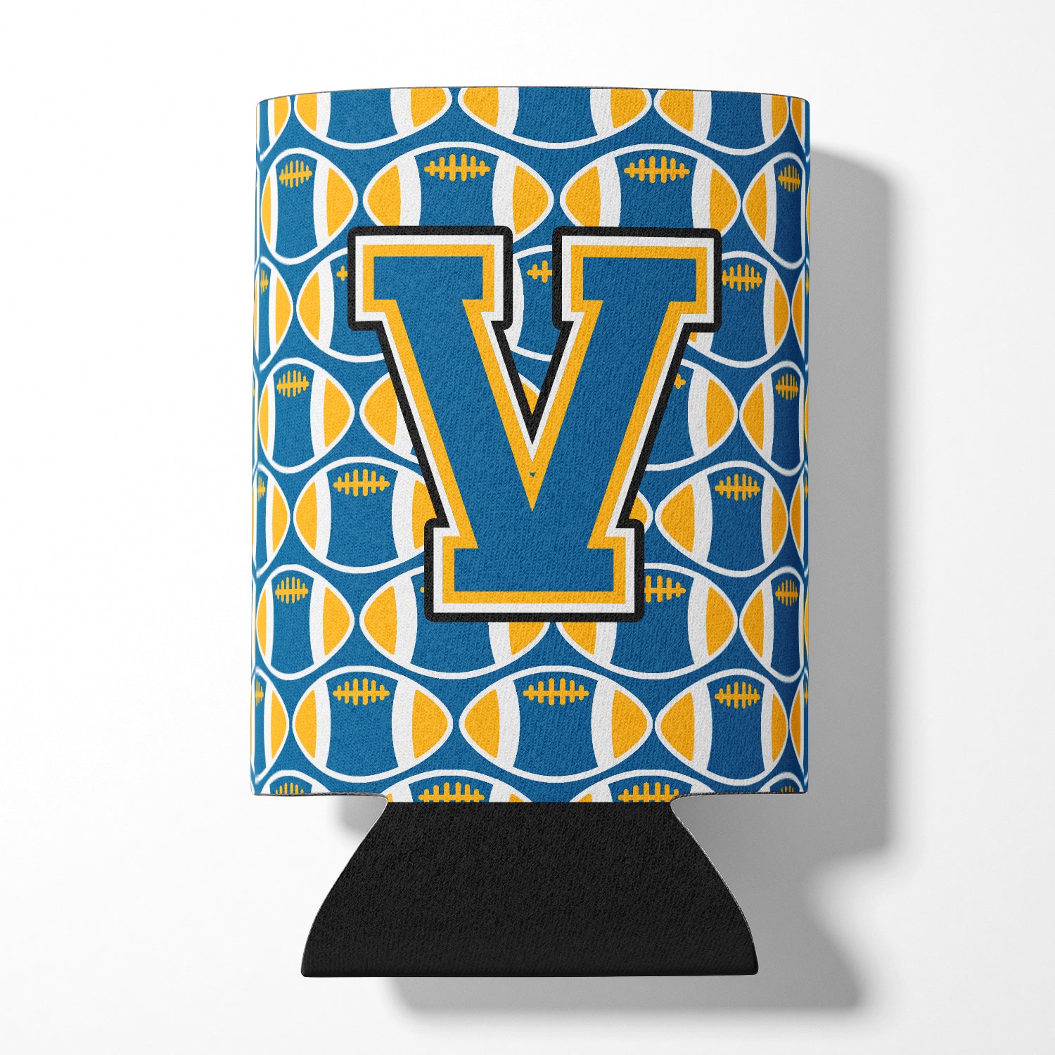 Letter V Football Blue and Gold Can or Bottle Hugger CJ1077-VCC.