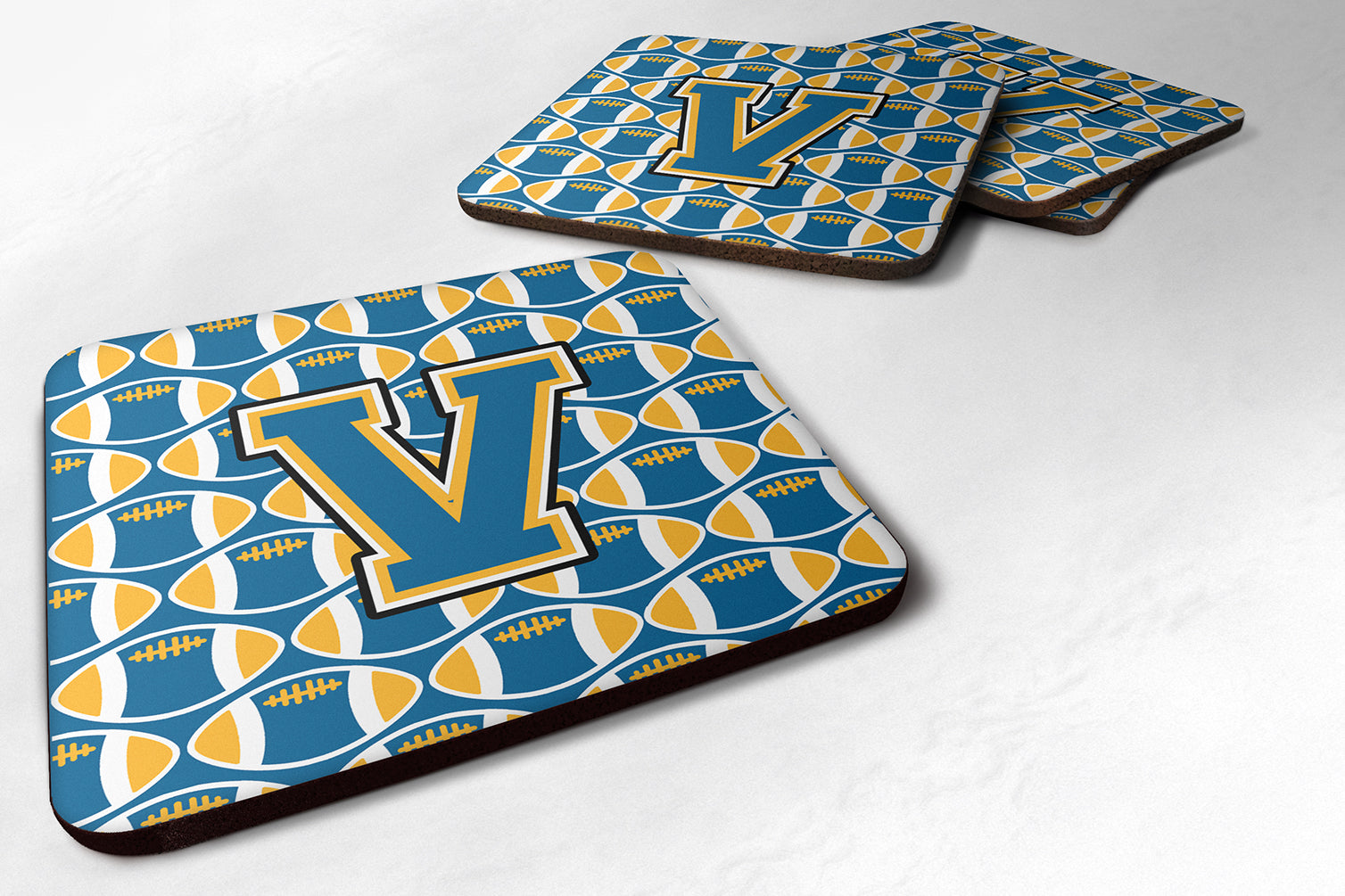 Letter V Football Blue and Gold Foam Coaster Set of 4 CJ1077-VFC - the-store.com