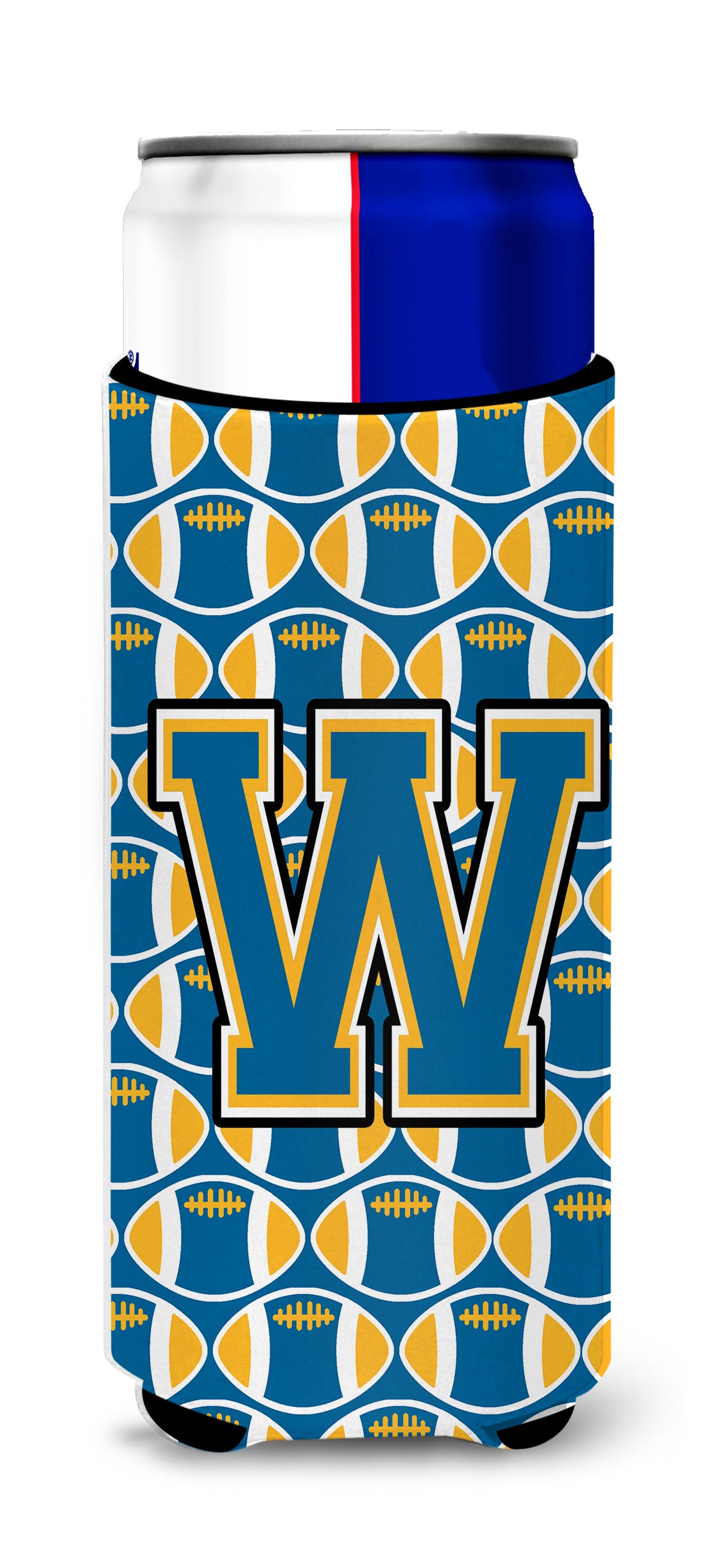 Letter W Football Blue and Gold Ultra Beverage Insulators for slim cans CJ1077-WMUK.