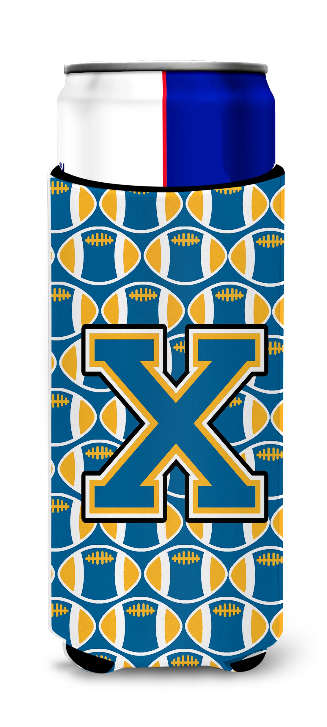 Letter X Football Blue and Gold Ultra Beverage Insulators for slim cans CJ1077-XMUK.