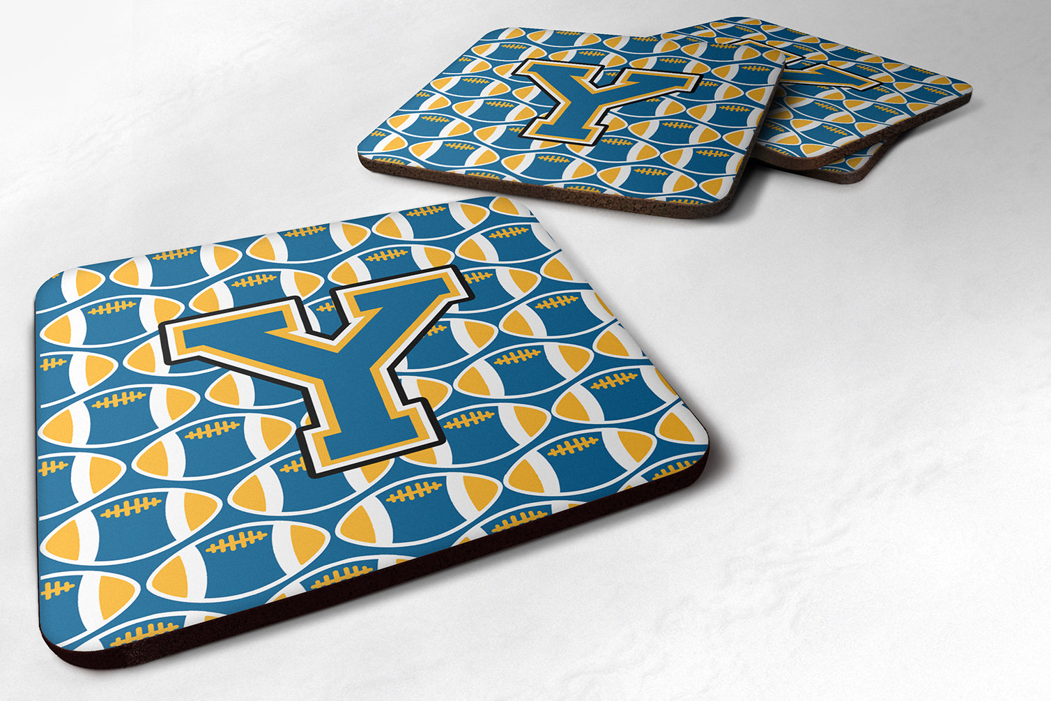 Letter Y Football Blue and Gold Foam Coaster Set of 4 CJ1077-YFC - the-store.com