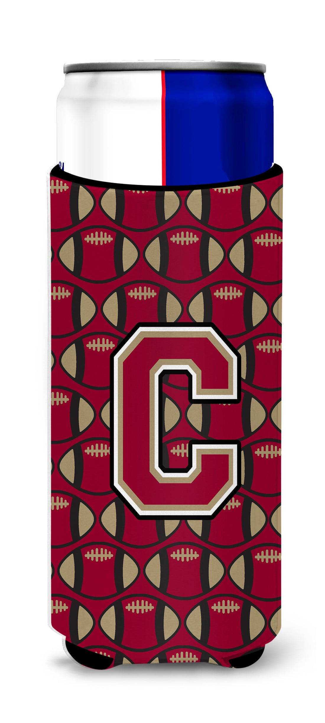 Letter C Football Garnet and Gold Ultra Beverage Insulators for slim cans CJ1078-CMUK.