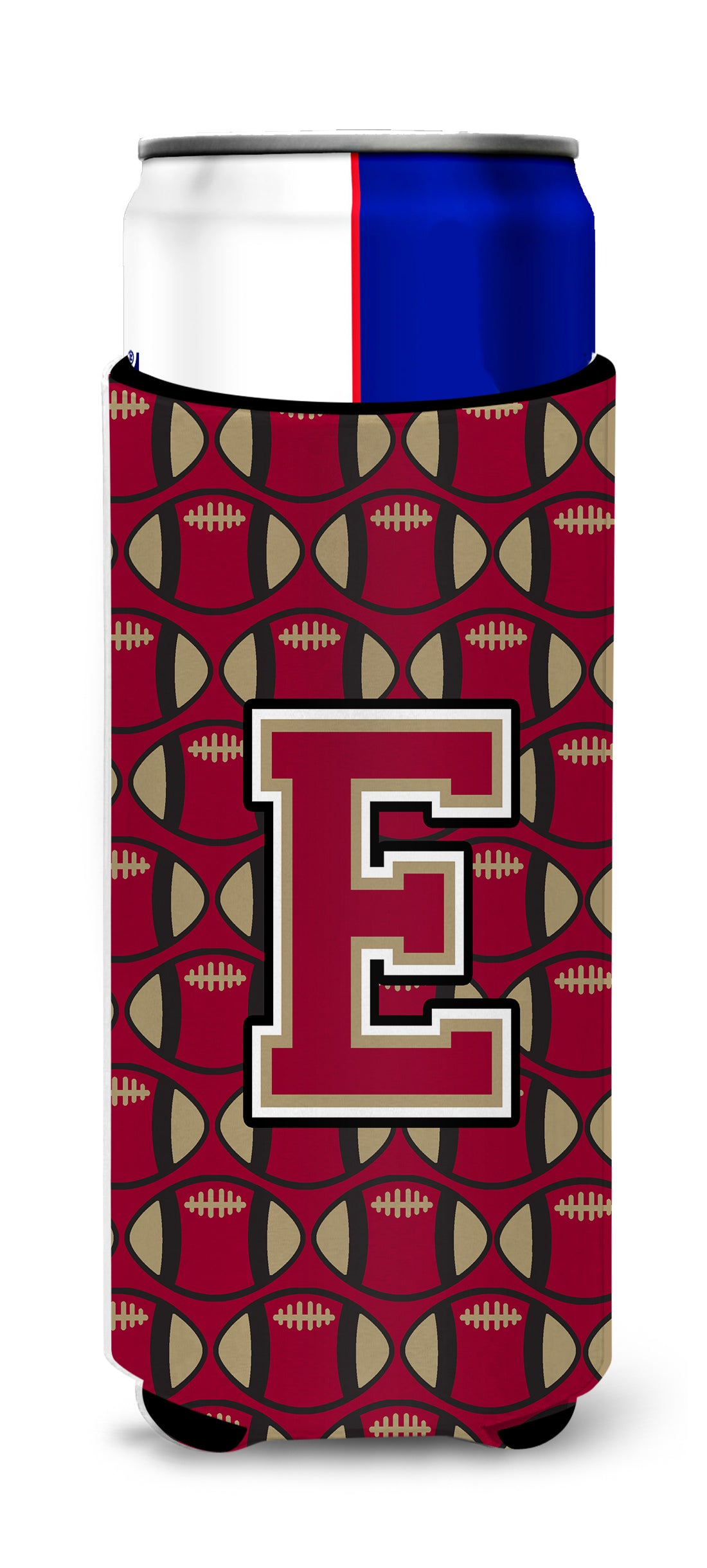 Letter E Football Garnet and Gold Ultra Beverage Insulators for slim cans CJ1078-EMUK.